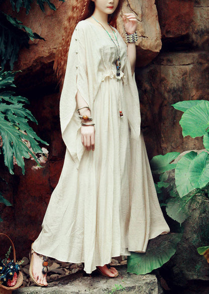Italian Beige O-neck Tie Waist Silk Cinched Dress Spring
