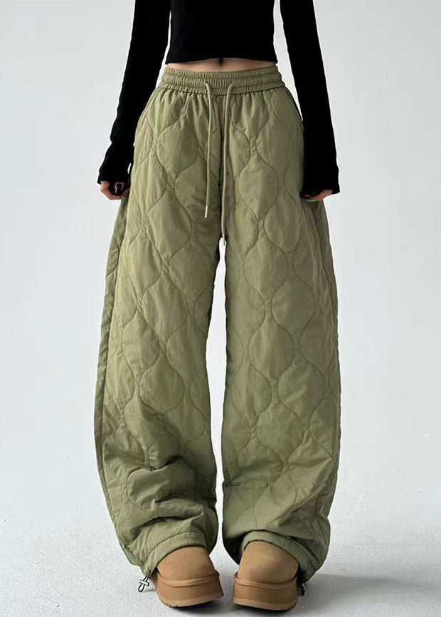 Army Green Pockets Elastic Waist Cotton Filled Pants Winter