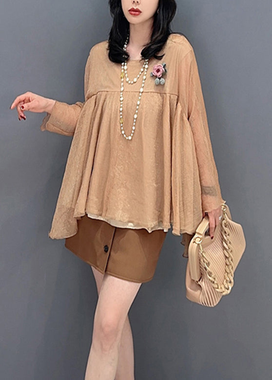 Loose Khaki O-neck Patchwork Tulle Tops Long Sleeve