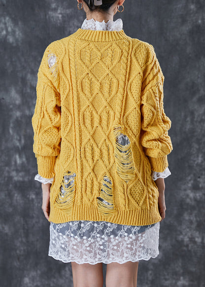 Modern Yellow Thick Knit Ripped Sweater and Lace Dress Two Pieces Set Winter