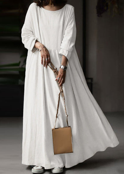 Loose White O Neck Cotton Maxi Dress Long Sleeve Fall