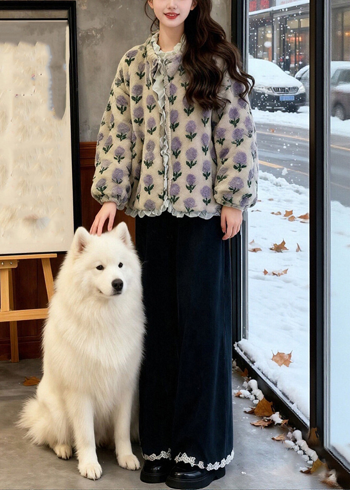 Italian Print Ruffled Patchwork Mink Velvet Coats and Wide Leg Pants Two Pieces Set Winter