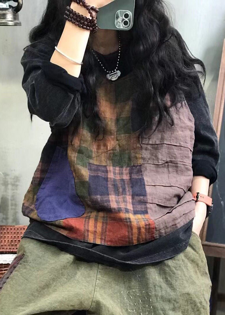 Chinese Style Red Pockets Side Open Patchwork Plaid Linen Vest Spring