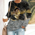 Women's Cat Print Crew Neck Sweatshirt elevenforest