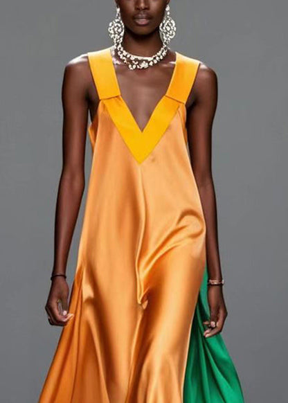 Yellow V Neck Patchwork Silk Summer Dress Sleeveless