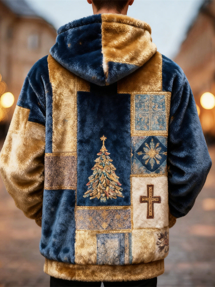 Comstylish Christmas Vintage Patchwork Design Men's Flannel Hooded Sweatshirt