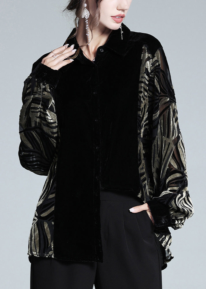 Black Peter Pan Collar Print Patchwork Button Silk Velour Shirt Long Sleeve