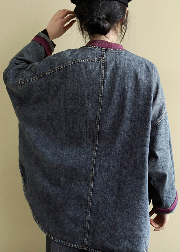 Blue O-neck Patchwork Low High Design Cotton Denim Coats Spring