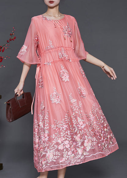 Pink Embroidered Silk Cinched Dress Summer