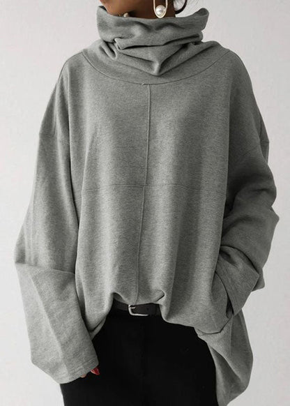 Loose Grey Hign Neck Patchwork Cotton Pullover Spring