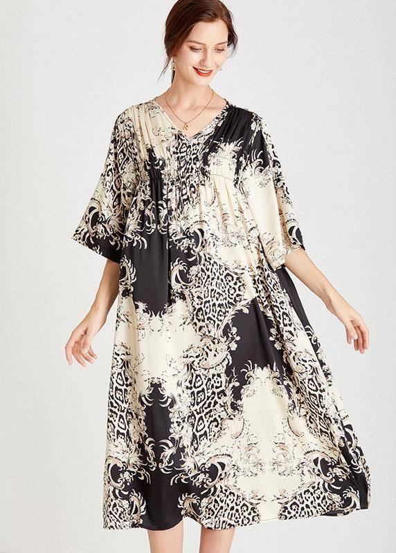 Black White Print Loose Tie Waist a Line Summer Dresses