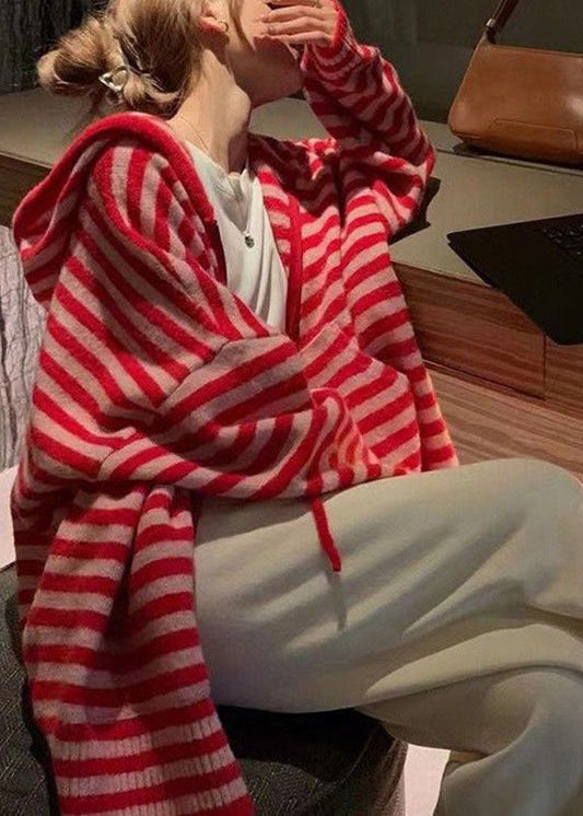 Red Zippered Wrinkled Striped Patchwork Cotton Knit Hoodies Coats Spring
