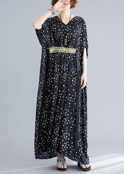Art Black Print Cotton Cinched Summer Maxi Dress