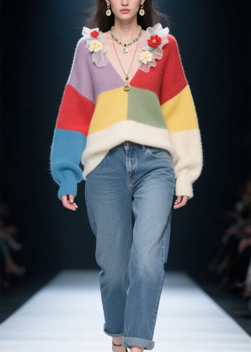 Fitted Colorblock V Neck Ruffled Knit Pullover Fall