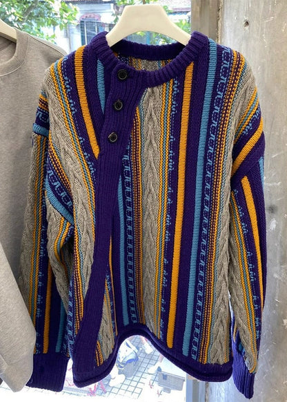 Striped O Neck Patchwork Cozy Knit Sweaters Long Sleeve
