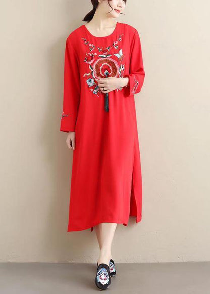 O Neck Tassel Spring Tunics Outfits Red Embroidery a Line Dresses