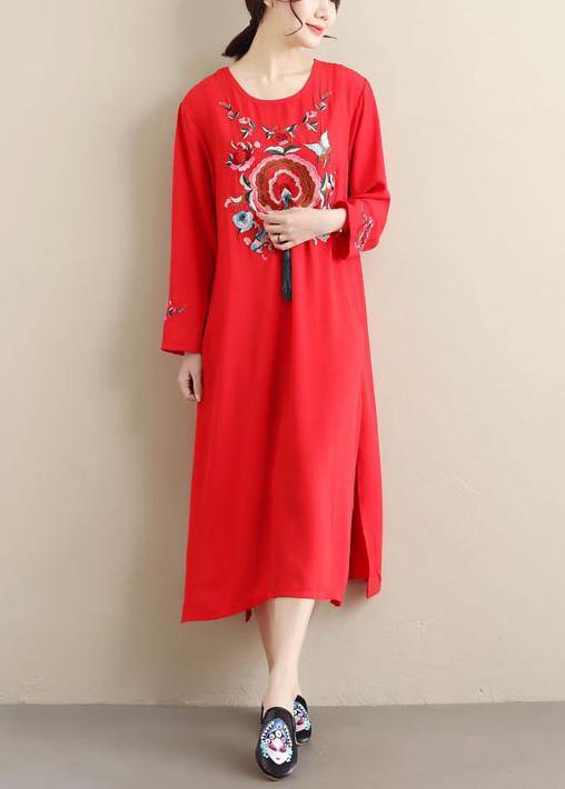 O Neck Tassel Spring Tunics Outfits Red Embroidery a Line Dresses