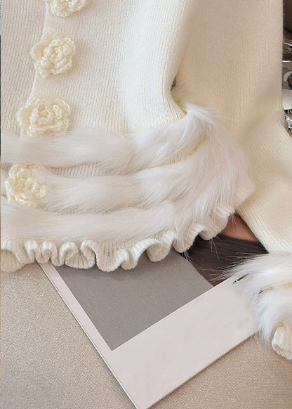 White Ruffled Cozy Patchwork Knit Sweater Tops
