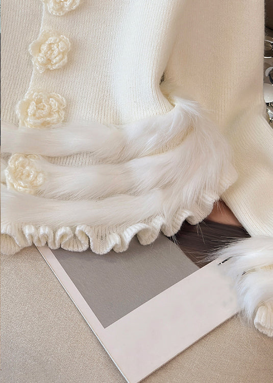 White Ruffled Cozy Patchwork Knit Sweater Tops