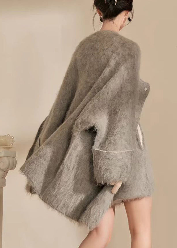 Grey O-neck Woolen Coats and Shorts Two Pieces Set Fall