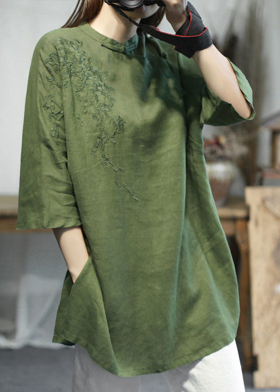Green Stand Collar Embroideried Linen Tops Half Sleeve