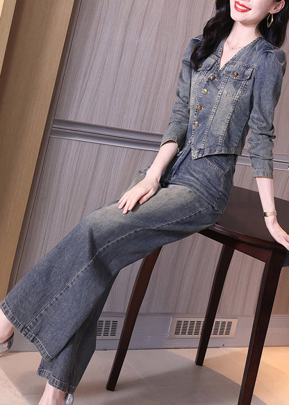 New Blue V Neck Coat and Wide Leg Pants Denim Two Piece Set Spring