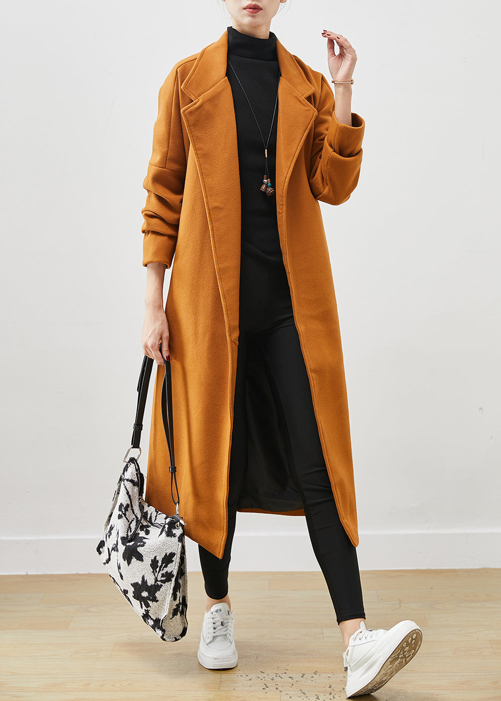 Orange Oversized Tie Waist Woolen Coat Spring