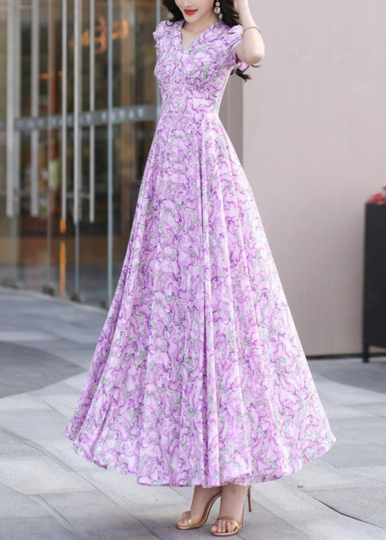 Purple V Neck Print Wrinkled Chiffon Dress Summer