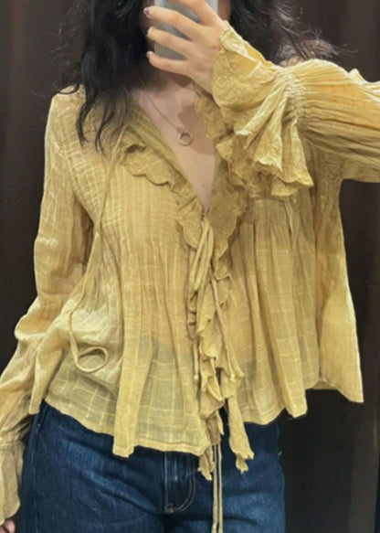 Diy Yellow V Neck Tie Lace Shirt Fall