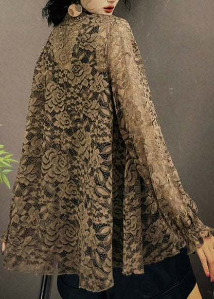 Versatile Korean Fit Long Sleeve Coffee Lace Top