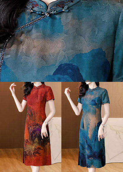 Red Print Silk Long Dress Tasseled Side Open Summer