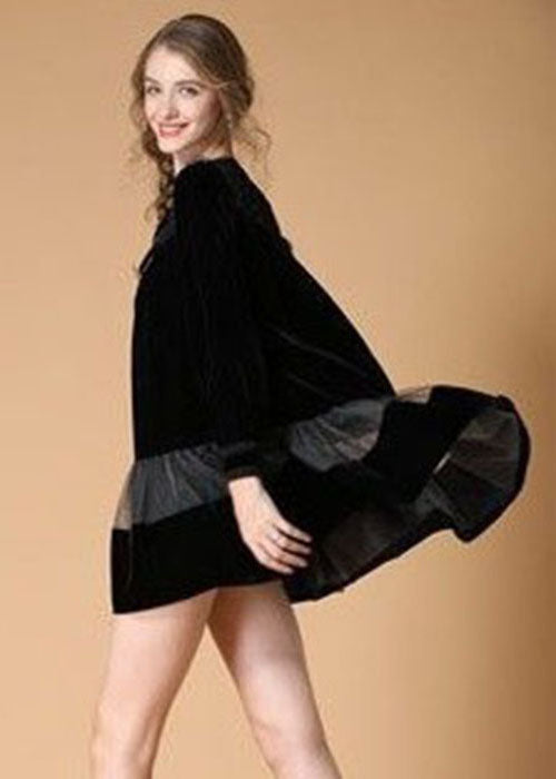 Black Embroideried Patchwork Velour Mini Dress Spring
