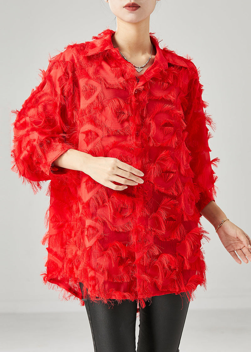 Red Tasseled Cotton Shirt Top Spring