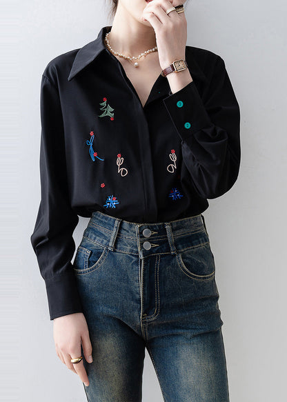 Black Embroidered Chiffon Blouse Tops Spring