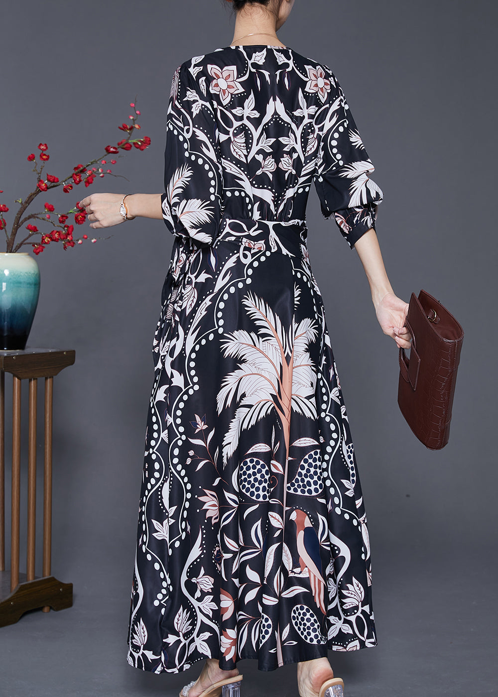 Black Cinched Print Silk Beach Long Dresses Fall