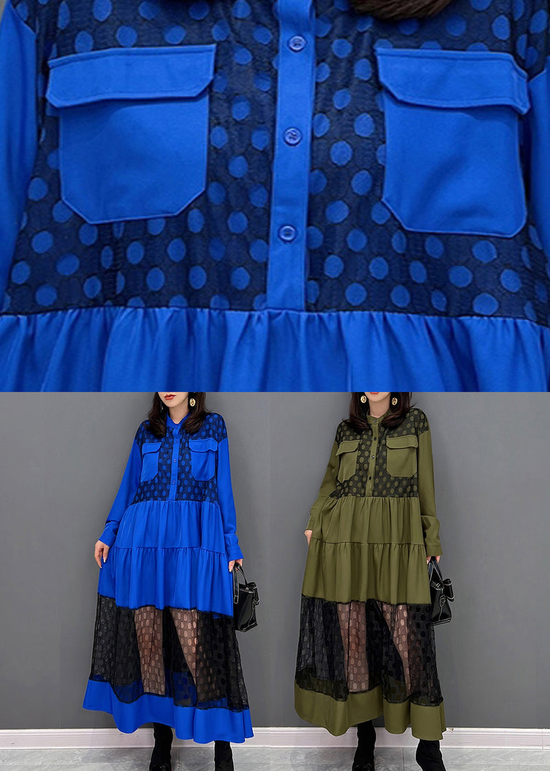 Vogue Blue O-neck Dot Patchwork Wrinkled Tulle Maxi Dresses Spring