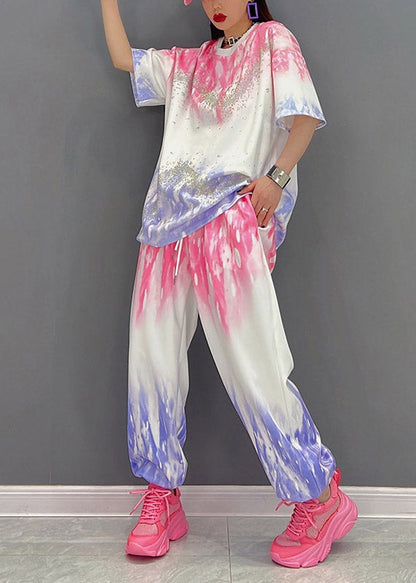 Modern Red Gradient Color O-neck Tanks and Pants Two Pieces Set Half Sleeve