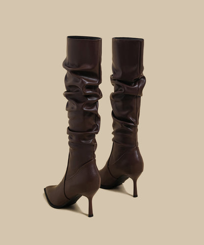 Splicing Stiletto Boots Brown Faux Leather Pointed Toe