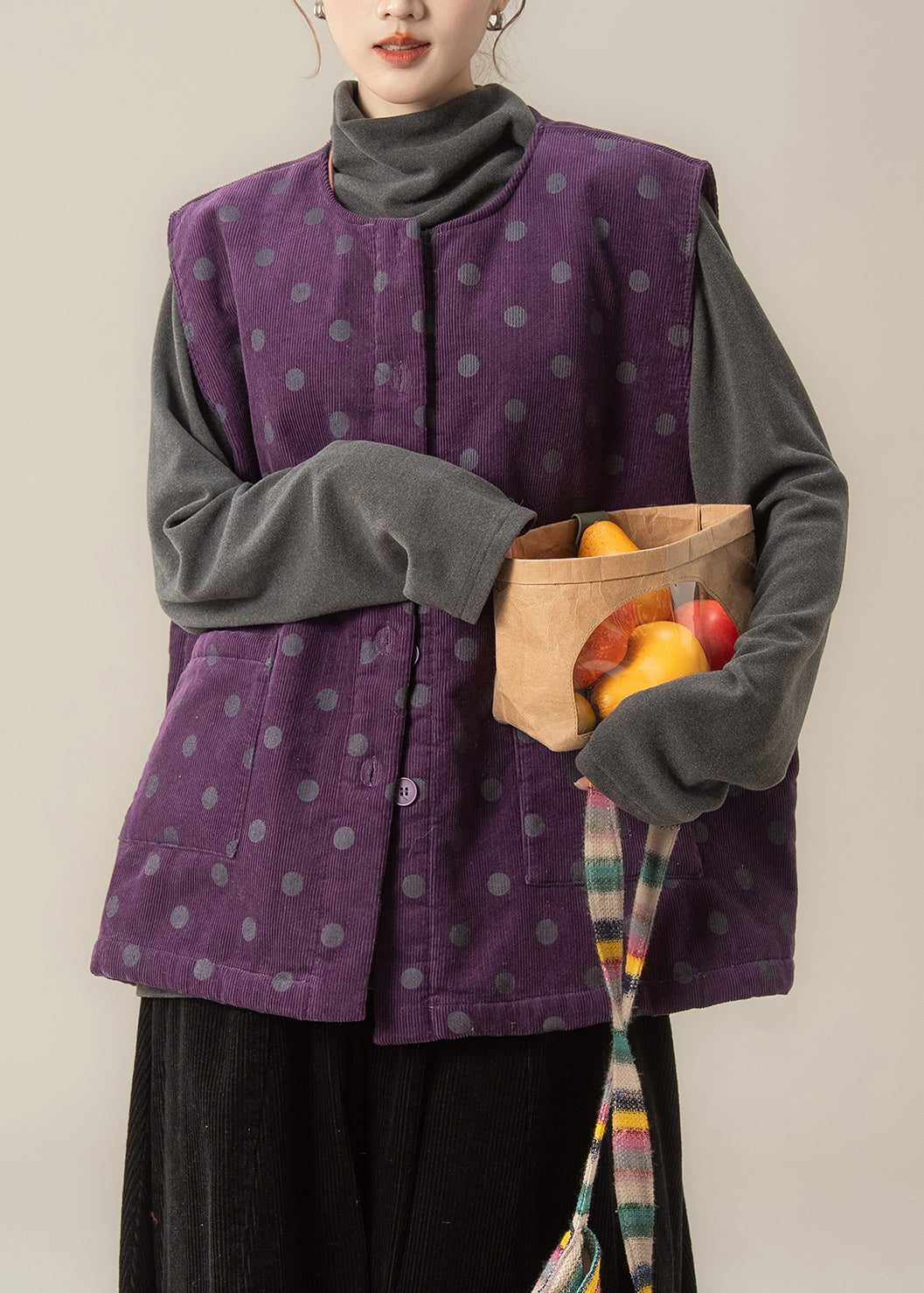 Italian Purple Corduroy Vest Pants and T Shirt Threepiece Set Winter