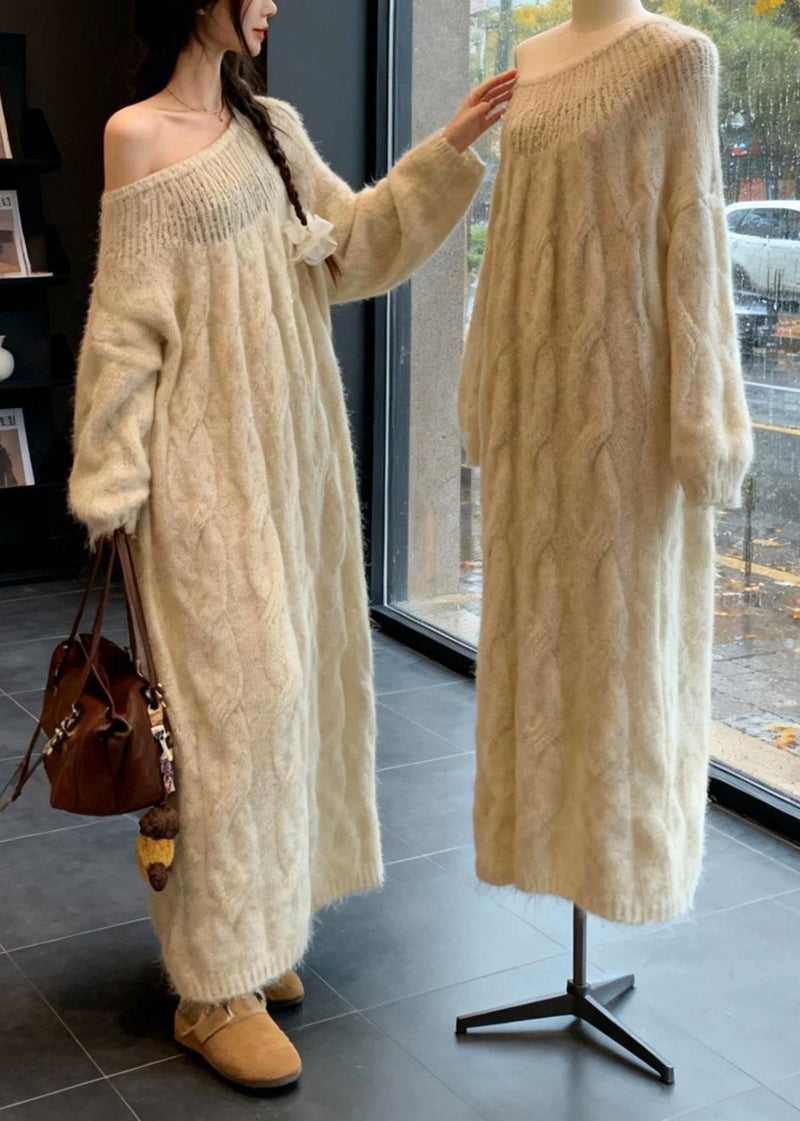 Beige Cold Shoulder Cable Knit Dress Spring