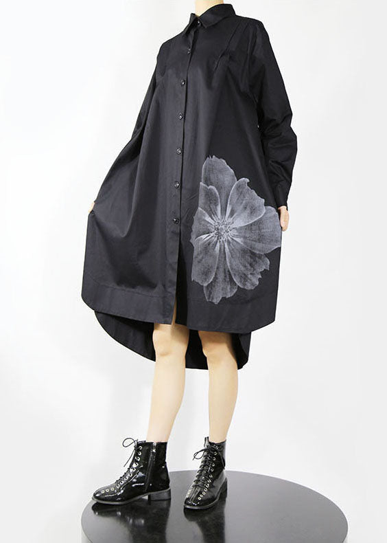 Natural Black Button Peter Pan Collar Shirt Dresses Spring