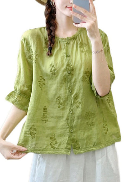 Green Embroideried Patchwork Linen Shirt Summer