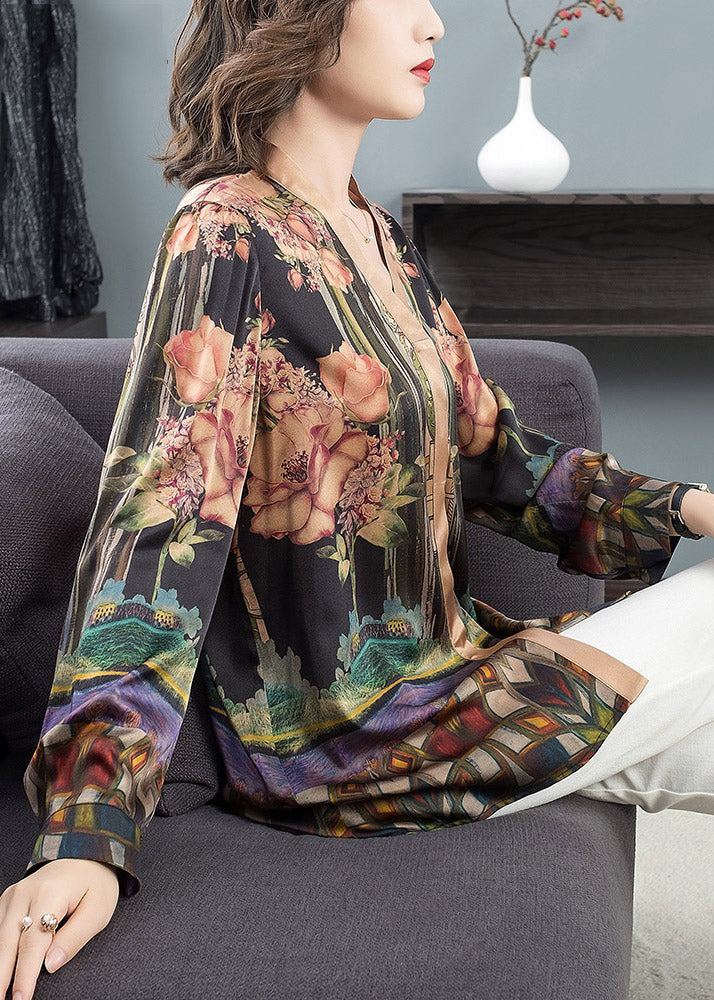 V Neck Print Silk Top Long Sleeve