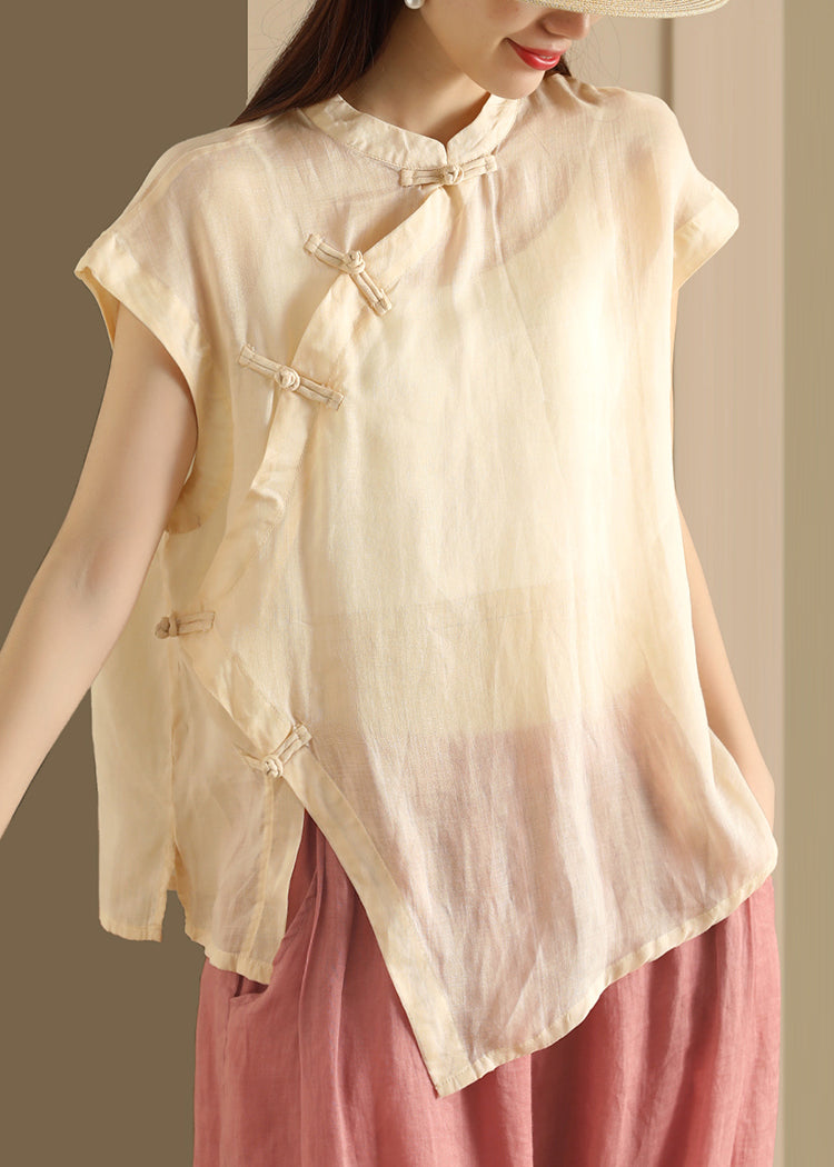 Handmade Green Stand Collar Button Linen Top Summer