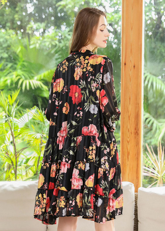 Black Stand Collar Patchwork Print Chiffon Pleated Dresses Spring