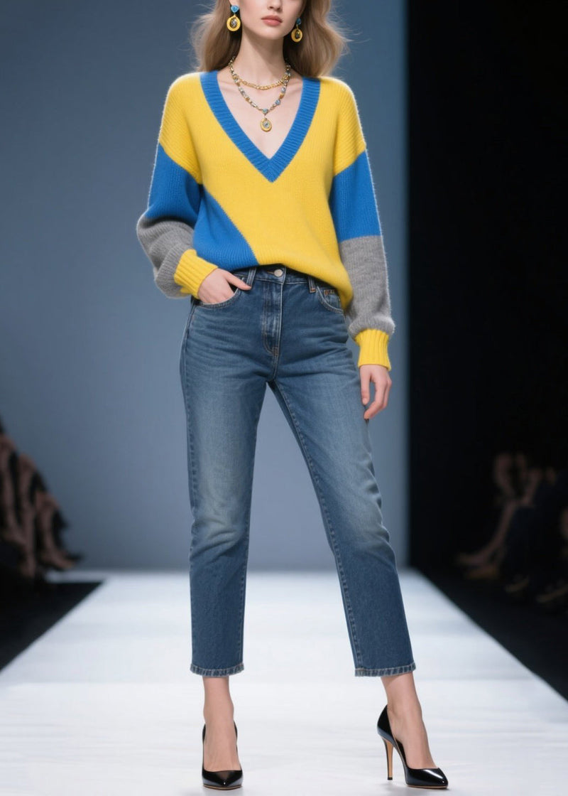 Italian Mixed Color Asymmetrical Design Warm Sweaters Winter