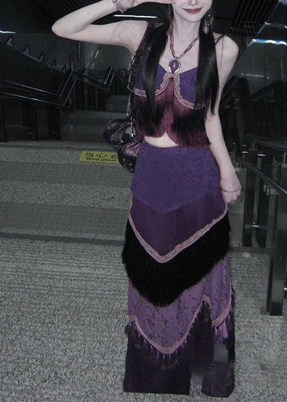 Style Purple Tasseled Patchwork Silk Two Piece Set Summer