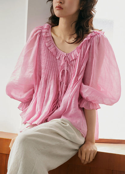 French Yellow Ruffled Patchwork Linen Shirt Top Summer