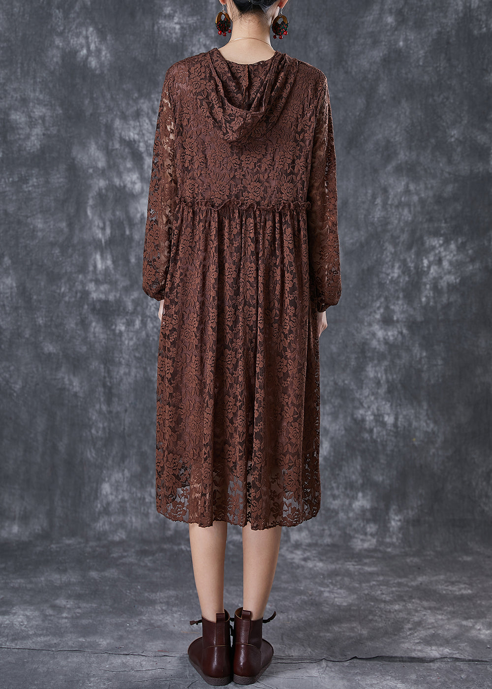 Chocolate Ruffled Hollow Out Lace Long Dresses Fall