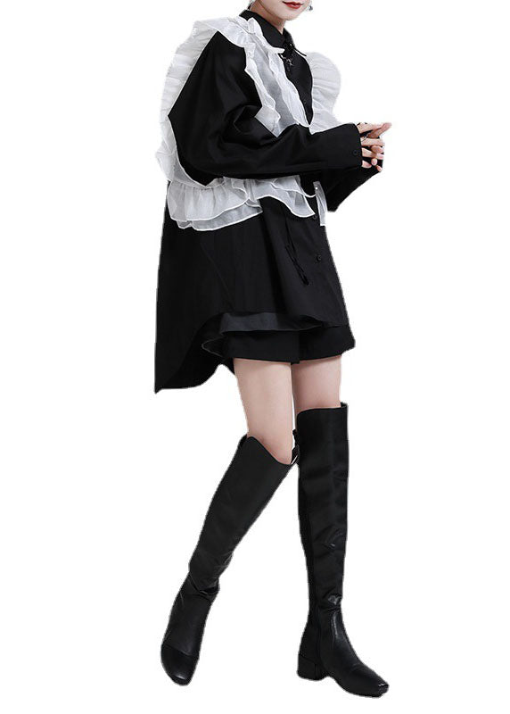Stylish Black Peterpan Collar Button Ruffles Asymmetrical Design Fall Top Long Sleeve